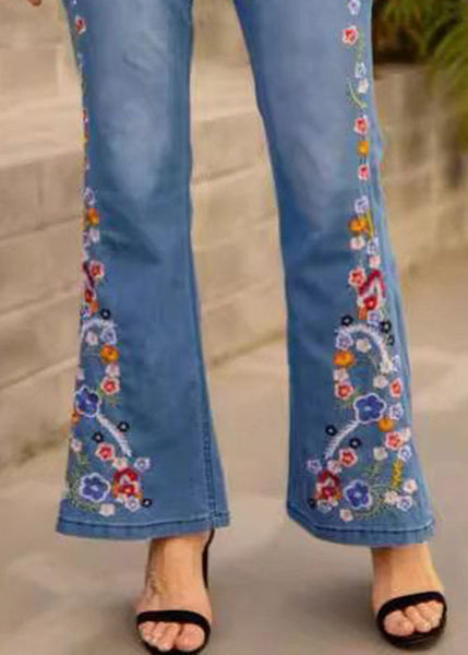 New Spring Waist Blue Denim Trousers Flared High Embroidered FashionChic