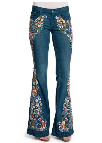 New Spring Waist Blue Denim Trousers Flared High Embroidered FashionChic