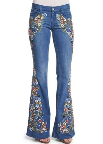 New Spring Waist Blue Denim Trousers Flared High Embroidered FashionChic