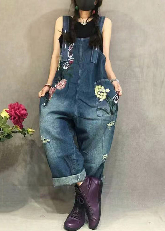 New Blue Embroidered Pockets Denim Jumpsuit Summer MN062 MMDM-JPTS240704