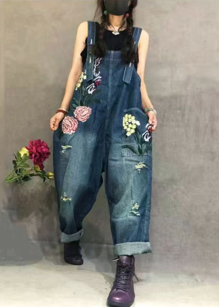 New Blue Embroidered Pockets Denim Jumpsuit Summer MN062 MMDM-JPTS240704