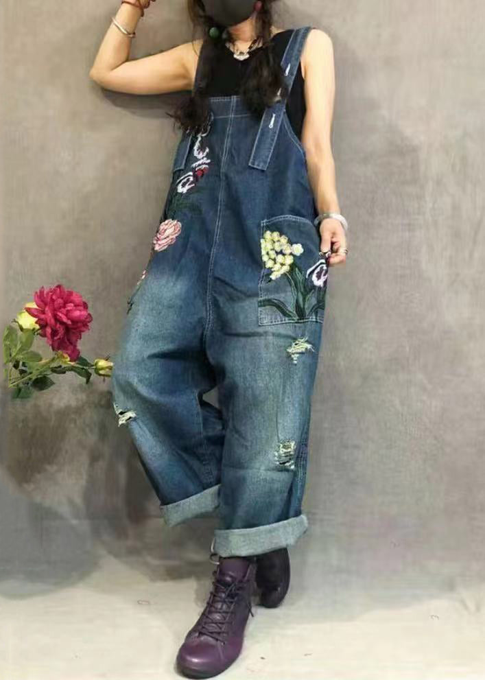 New Blue Embroidered Pockets Denim Jumpsuit Summer MN062 MMDM-JPTS240704