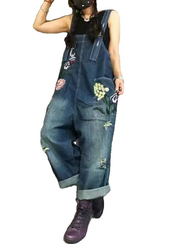 New Blue Embroidered Pockets Denim Jumpsuit Summer MN062 MMDM-JPTS240704