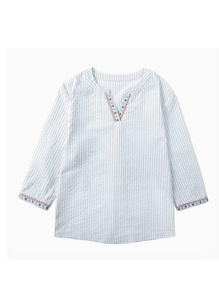 New Blue Embroidered Striped Cotton Blouses Bracelet Sleeve TH024