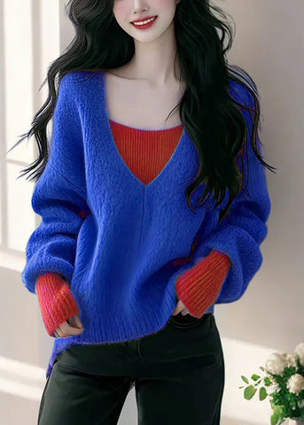 Sweaters False Knit New Two Blue Pieces Patchwork Fall FashionChic