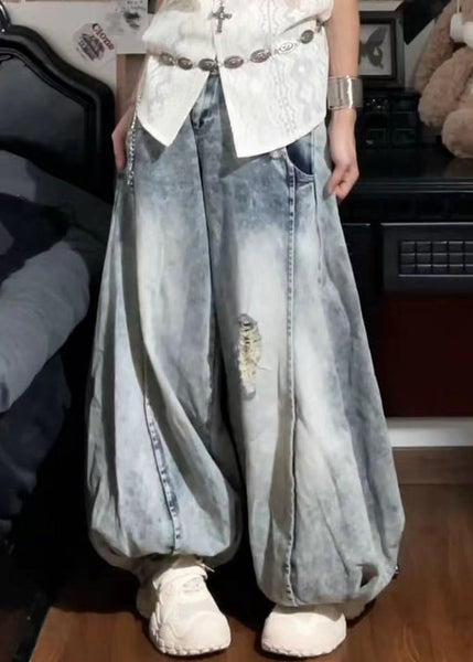 New Blue Hole Pockets High Waist Denim Lantern Pants Fall QF054 Men-LPTS241016