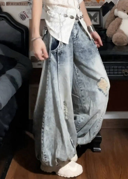 New Blue Hole Pockets High Waist Denim Lantern Pants Fall QF054 Men-LPTS241016