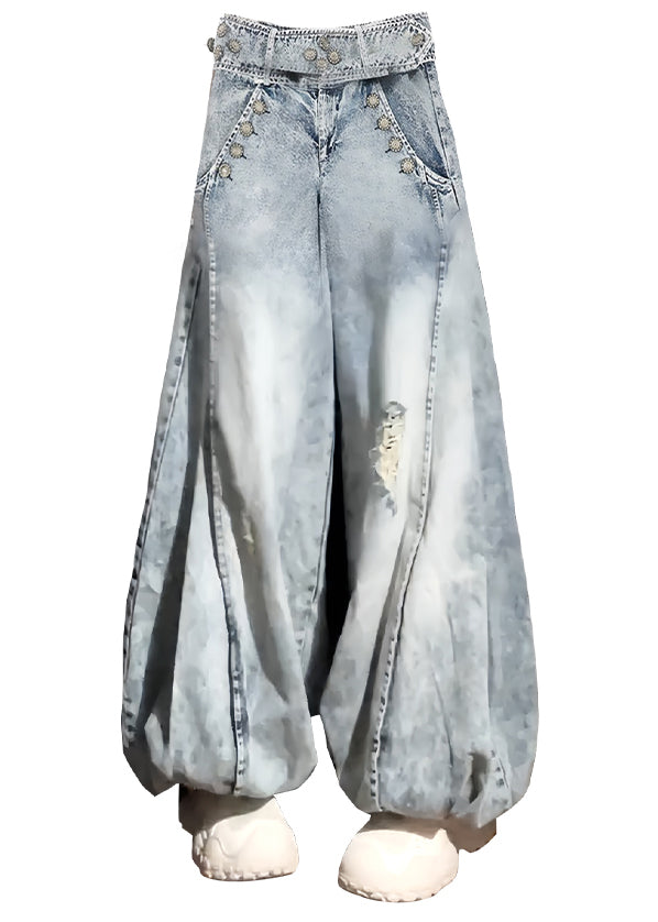New Blue Hole Pockets High Waist Denim Lantern Pants Fall QF054 Men-LPTS241016