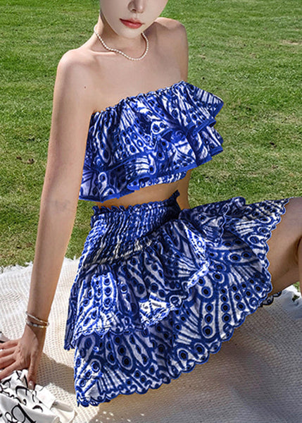 New Blue Hollow Out Tops And Skirts Cotton Two Piece Set  Short Sleeve EE1048 SH-LF-TPIEC240517