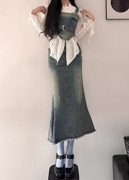 New Blue Lace Up Pockets Denim Sets 3 Pieces Long Sleeve XX046 SH-LF-TPIEC240611