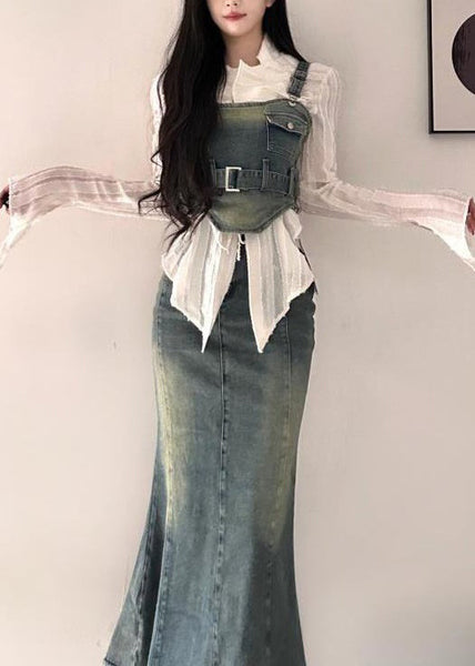 New Blue Lace Up Pockets Denim Sets 3 Pieces Long Sleeve XX046 SH-LF-TPIEC240611