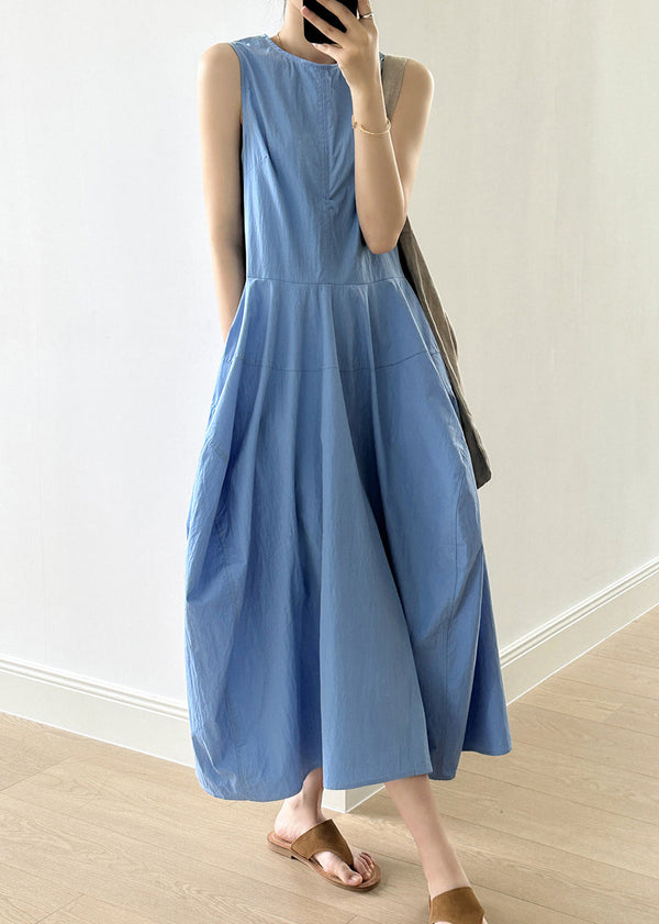 New Blue O-Neck Pockets Cotton Long Dresses Sleeveless QE009 MZF-SDL240927