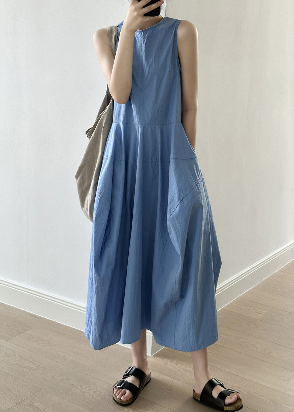 New Blue O-Neck Pockets Cotton Long Dresses Sleeveless QE009 MZF-SDL240927