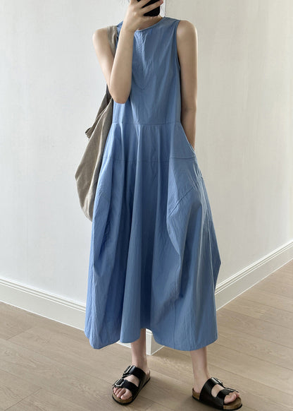 New Blue O-Neck Pockets Cotton Long Dresses Sleeveless QE009 MZF-SDL240927