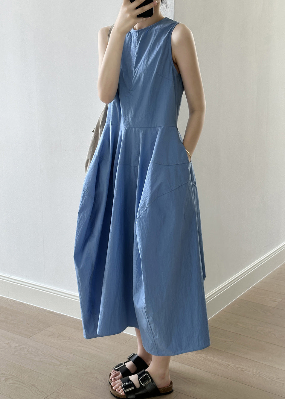 New Blue O-Neck Pockets Cotton Long Dresses Sleeveless QE009 MZF-SDL240927