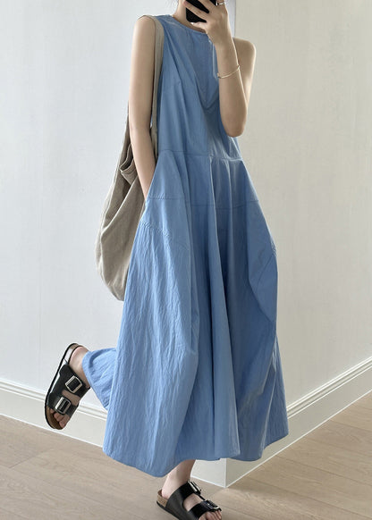 New Blue O-Neck Pockets Cotton Long Dresses Sleeveless QE009 MZF-SDL240927