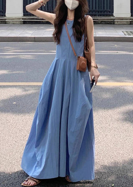 New Blue O Neck Pockets Solid Cotton Long Dress Sleeveless QF049 Men-SDL241016