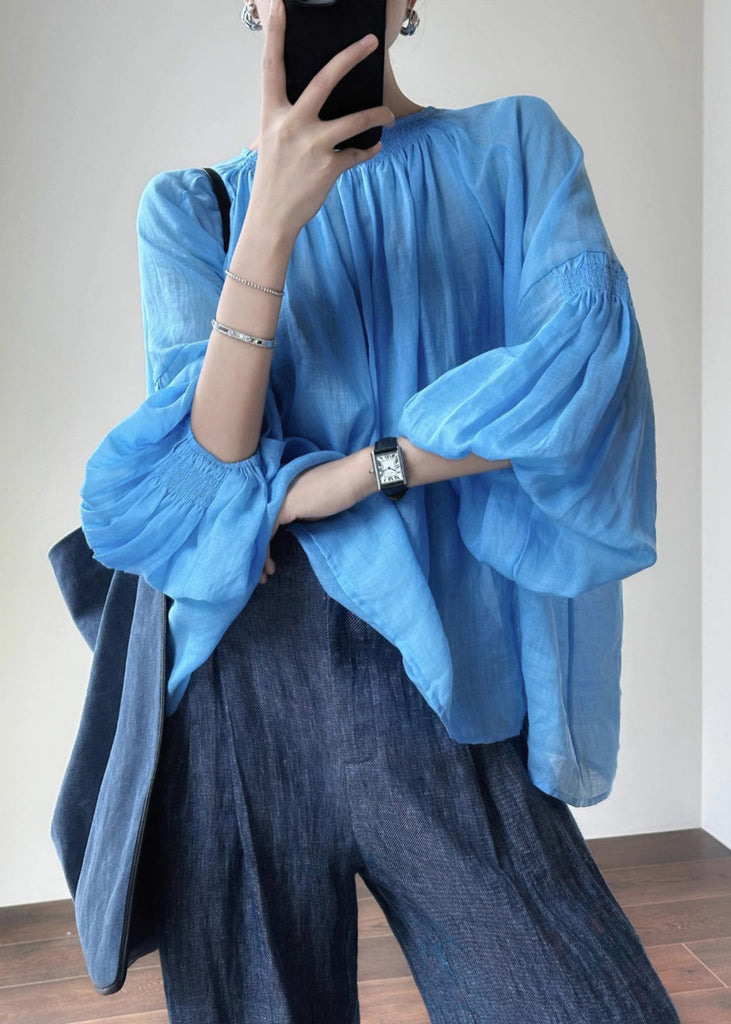 New Blue O-Neck Solid Cotton Shirt Lantern Sleeve AL1027 Genistyle Shop