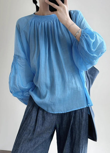 New Blue O-Neck Solid Cotton Shirt Lantern Sleeve AL1027 Genistyle Shop