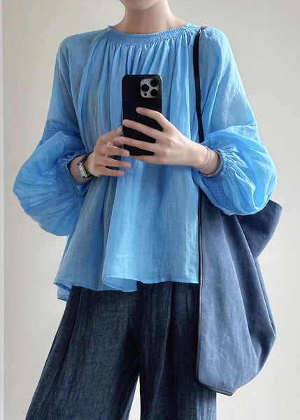 New Blue O-Neck Solid Cotton Shirt Lantern Sleeve AL1027 Genistyle Shop