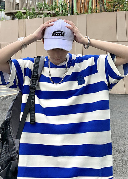 New Blue O Neck Striped Cotton Men's Grunt Style T Shirts Summer QH014 MENT241019