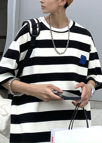 New Blue O Neck Striped Cotton Men's Grunt Style T Shirts Summer QH014 MENT241019