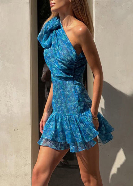 Dress Shoulder Ruffled New Blue Print Summer Chiffon One FashionChic