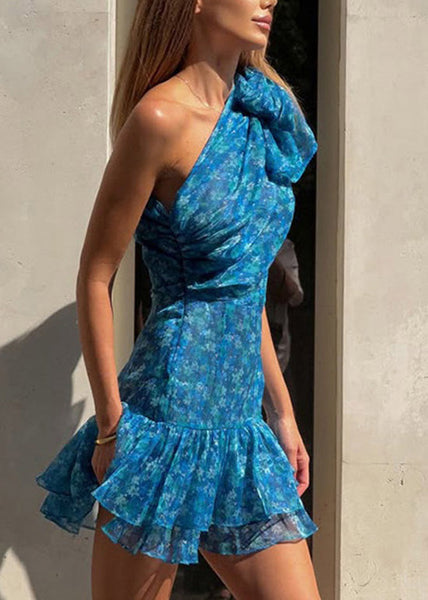 Dress Shoulder Ruffled New Blue Print Summer Chiffon One FashionChic