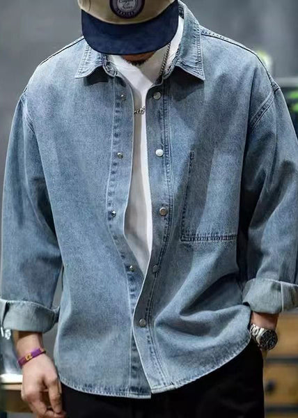 Collar Blue Denim Button Spring Shirt Men Peter Pan New FashionChic
