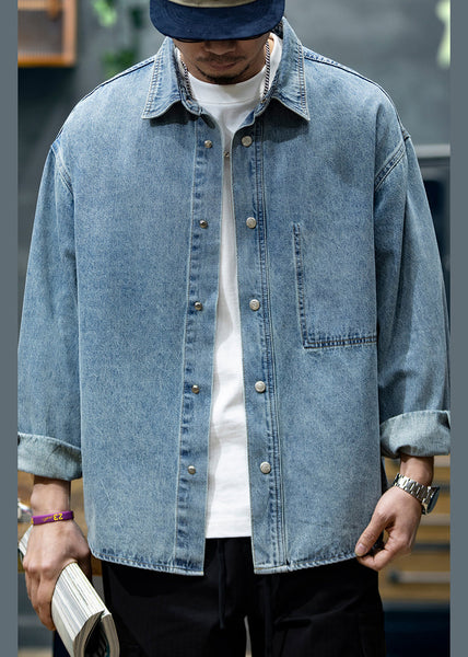 Collar Blue Denim Button Spring Shirt Men Peter Pan New FashionChic