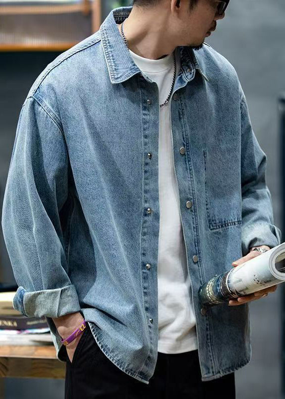 Collar Blue Denim Button Spring Shirt Men Peter Pan New FashionChic