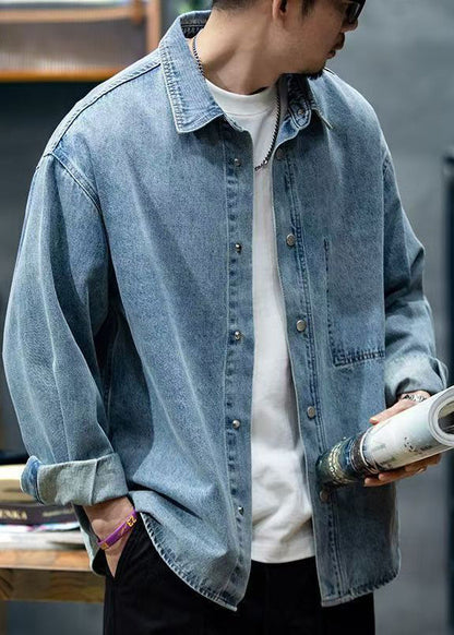 Collar Blue Denim Button Spring Shirt Men Peter Pan New FashionChic