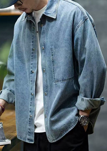 Collar Blue Denim Button Spring Shirt Men Peter Pan New FashionChic