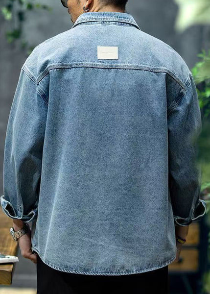 Collar Blue Denim Button Spring Shirt Men Peter Pan New FashionChic