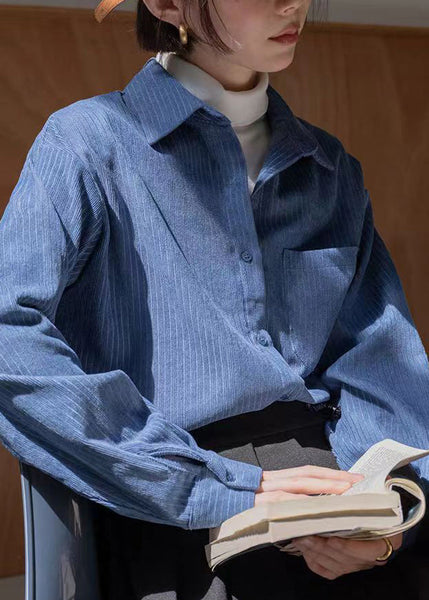 New Blue Peter Pan Collar Button Patchwork Corduroy Blouses Fall TU041