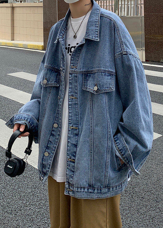 Button Denim New Collar Pan Peter Coat Spring Blue Men Pockets FashionChic