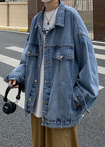 Button Denim New Collar Pan Peter Coat Spring Blue Men Pockets FashionChic