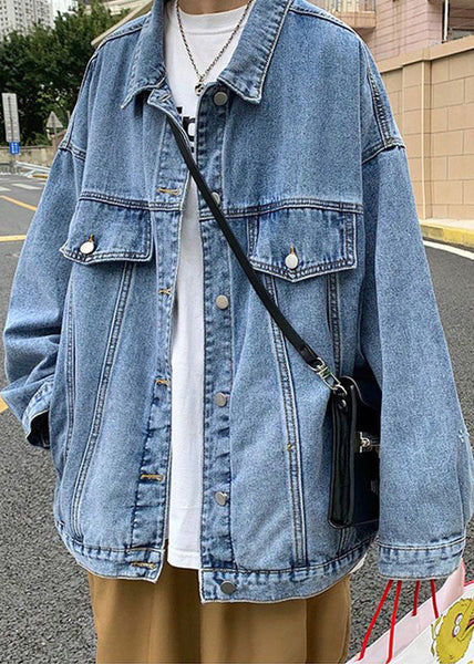 Button Denim New Collar Pan Peter Coat Spring Blue Men Pockets FashionChic