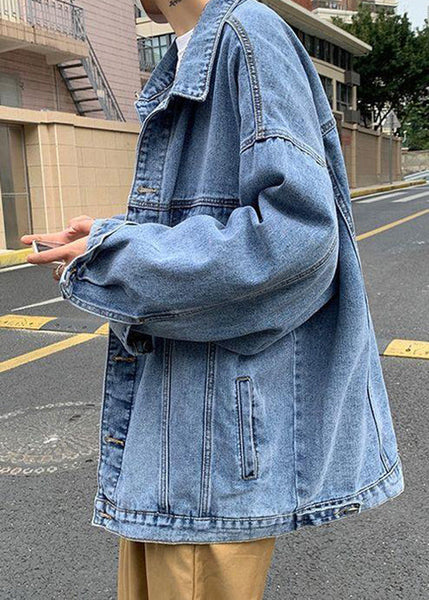 Button Denim New Collar Pan Peter Coat Spring Blue Men Pockets FashionChic