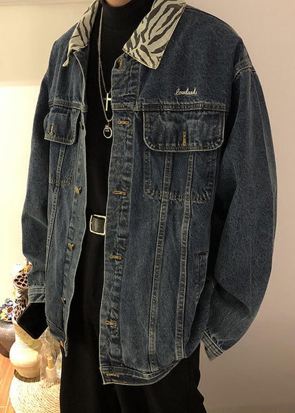 Spring Denim Blue Pan Coat Peter Pockets Mens Collar TC047 New