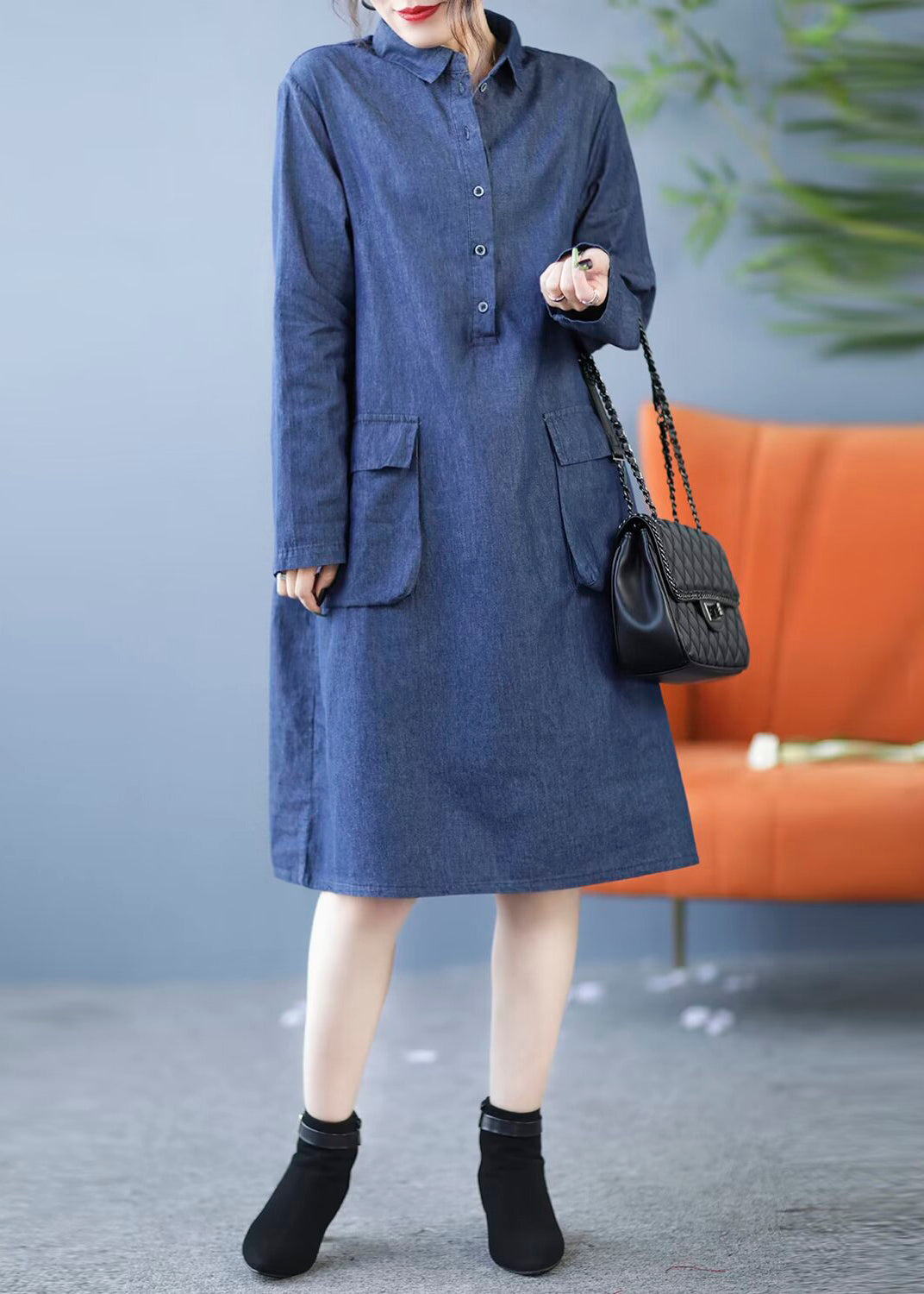 New Blue Peter Pan Collar Pockets Denim Shirts Dress Fall MN044 MMDM-FDL240704