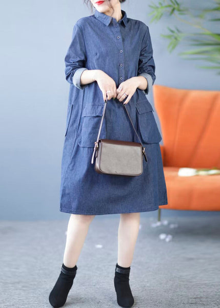 New Blue Peter Pan Collar Pockets Denim Shirts Dress Fall MN044 MMDM-FDL240704