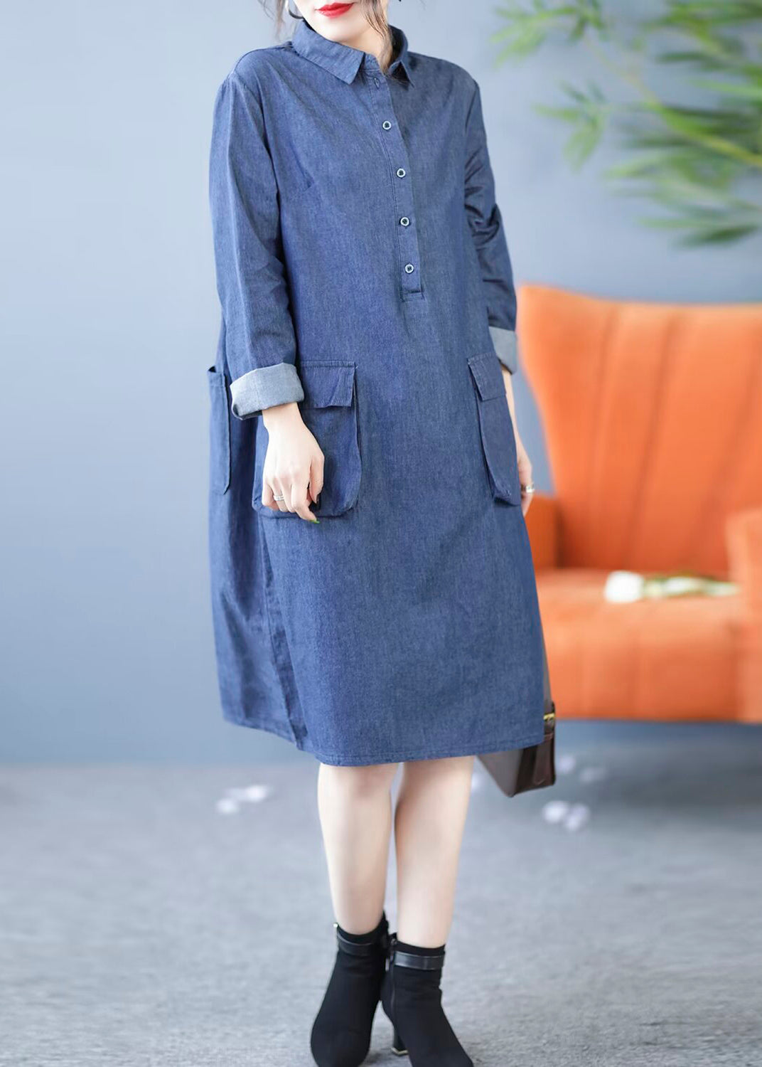 New Blue Peter Pan Collar Pockets Denim Shirts Dress Fall MN044 MMDM-FDL240704