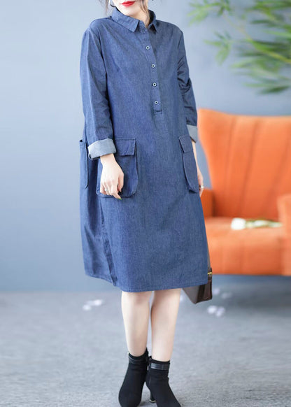 New Blue Peter Pan Collar Pockets Denim Shirts Dress Fall MN044 MMDM-FDL240704