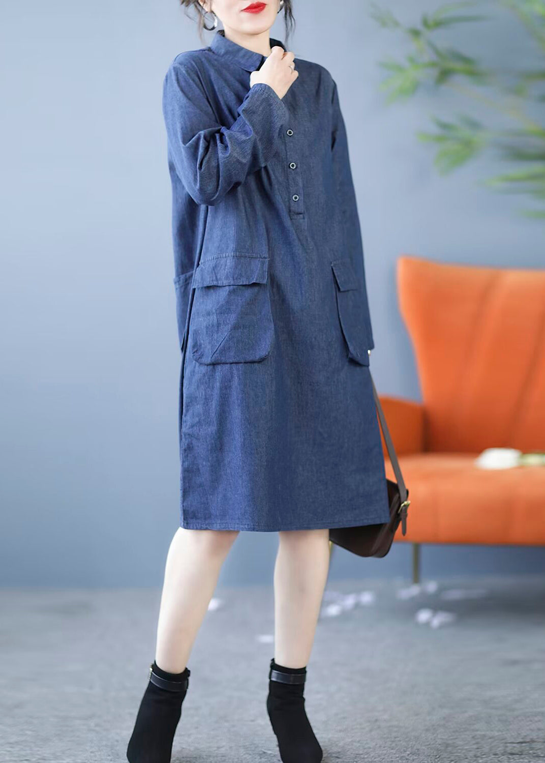 New Blue Peter Pan Collar Pockets Denim Shirts Dress Fall MN044 MMDM-FDL240704