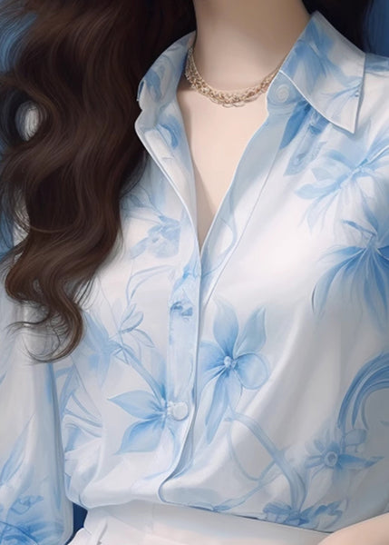 New Blue Peter Pan Collar Print Chiffon Shirt Half Sleeved KJ008 ZS-HTP240715