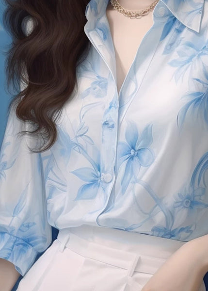 New Blue Peter Pan Collar Print Chiffon Shirt Half Sleeved KJ008 ZS-HTP240715