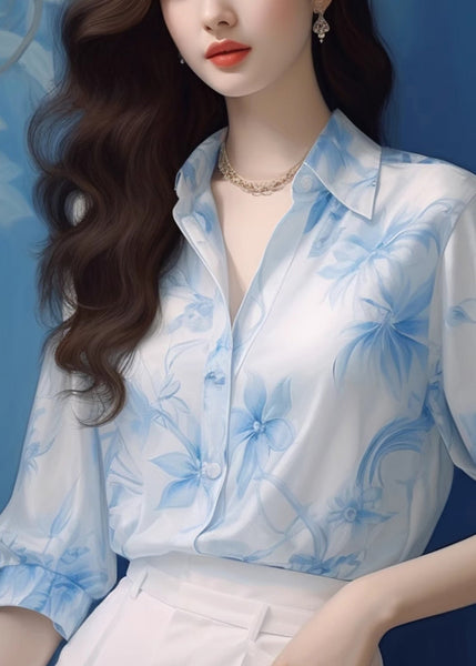 New Blue Peter Pan Collar Print Chiffon Shirt Half Sleeved KJ008 ZS-HTP240715