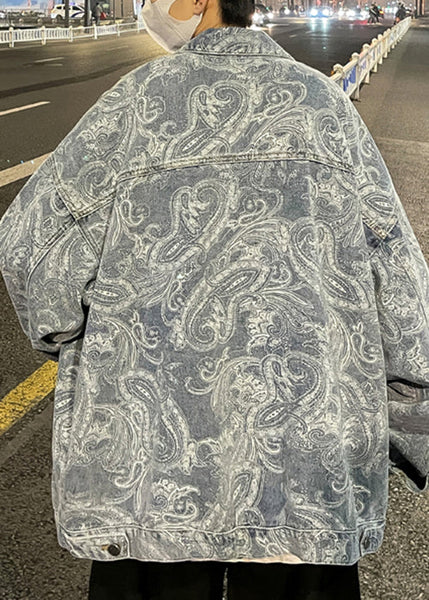 New Blue Peter Pan Collar Print Pockets Denim Mens Coats Fall WA023 MENC241110