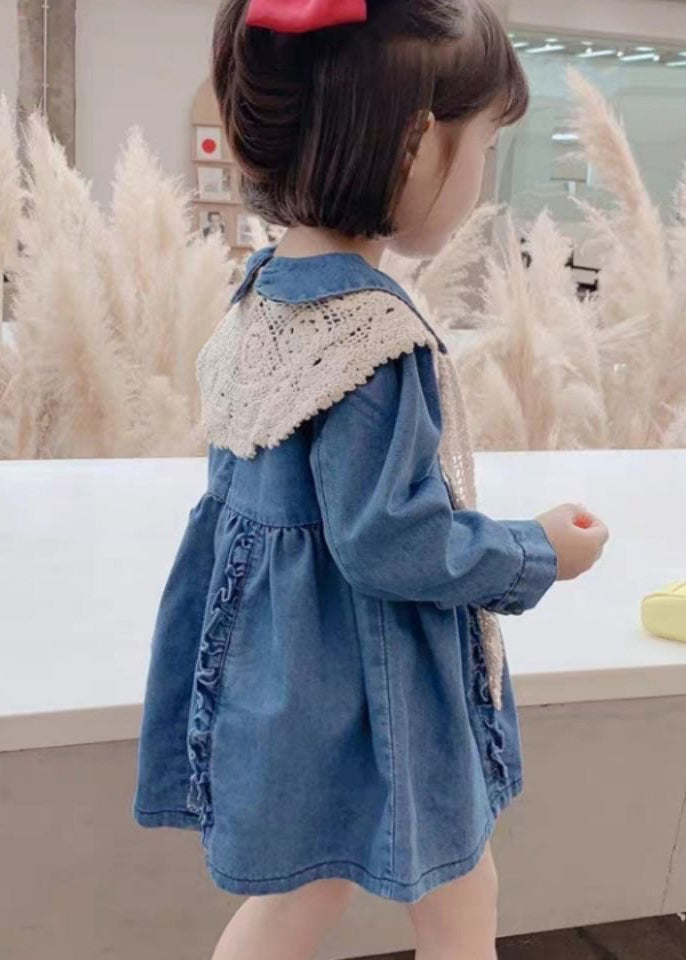 New Blue Peter Pan Collar Ruffled Denim Girls Mid Dresses Long Sleeve XZ073 FALL-MM-RCTZ-FDGM240618